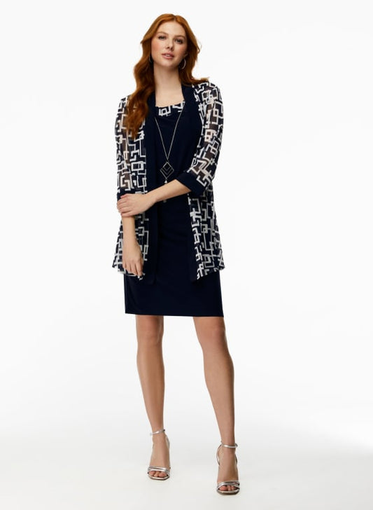 Geometric Print Jacket. Dress & Necklace Set