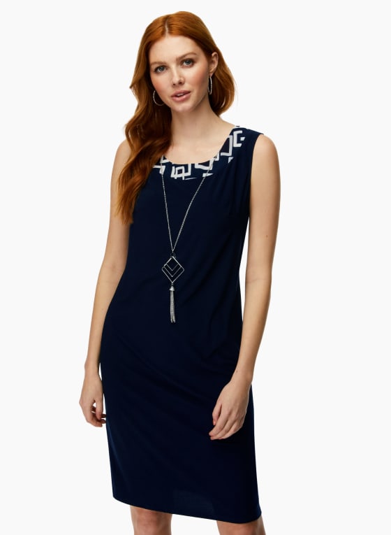 Geometric Print Jacket. Dress & Necklace Set